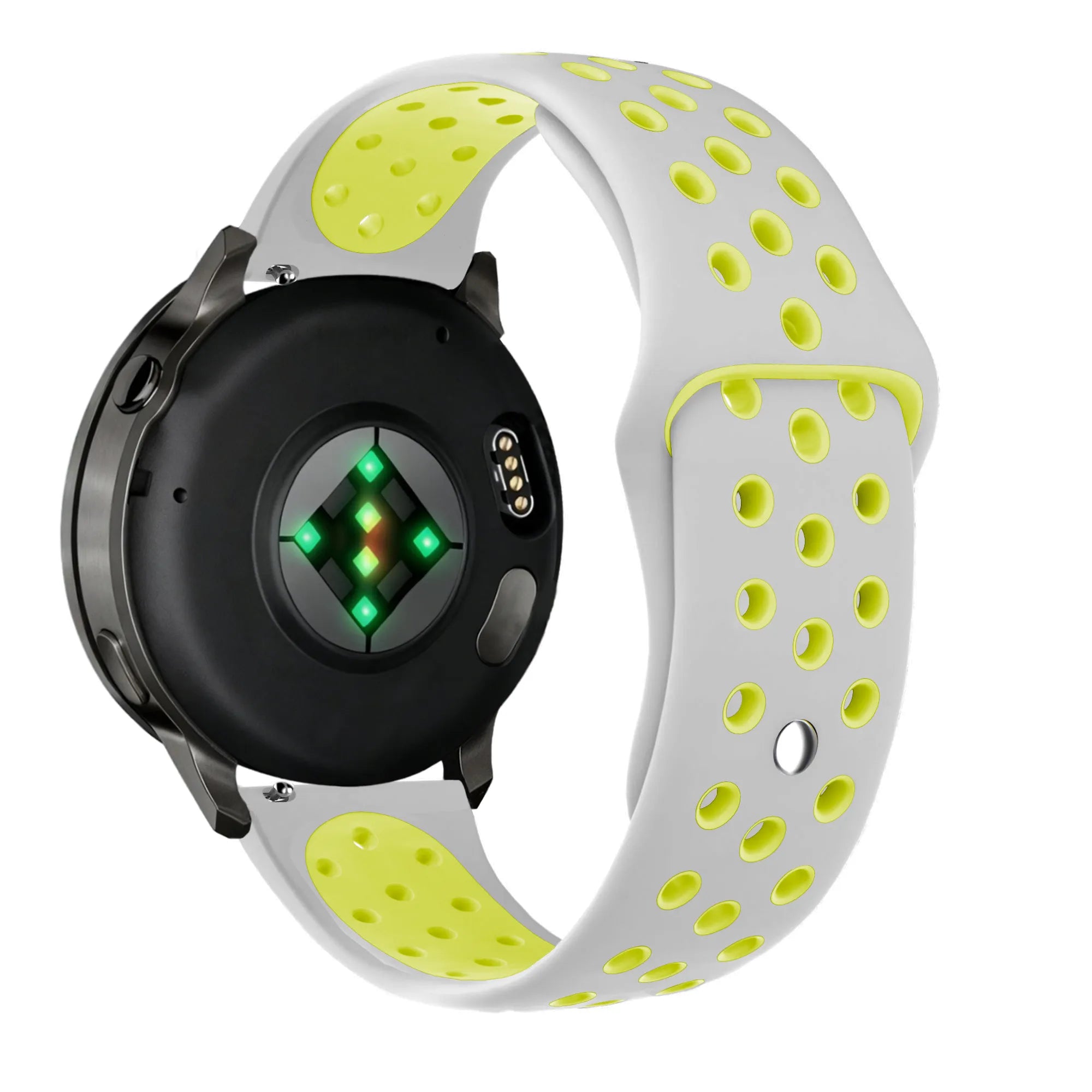 Silicone Sport Strap 'Deluxe', grey/yellow, on a watch, 3/4 rear view