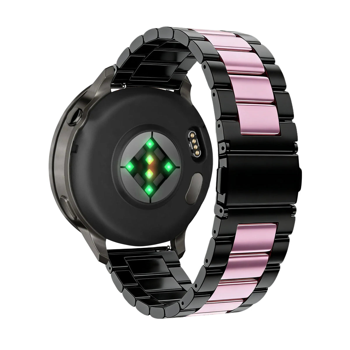 Steel Strap 'Classic', black/pink, on a watch, 3/4 rear view