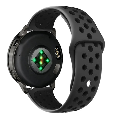 Silicone Sport Strap 'Deluxe', dark grey/black, on a watch, 3/4 rear view