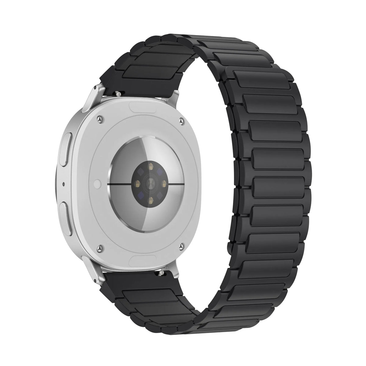 Magnetic Silicone Strap, black, on a watch, 3/4 rear view