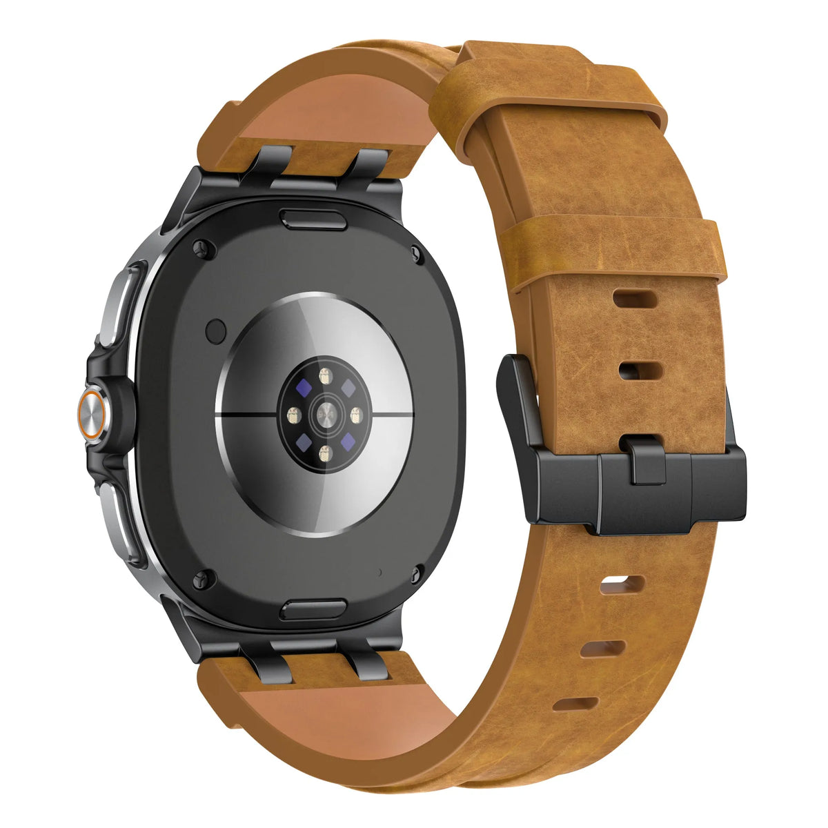 Solid Leather Strap, brown, on a watch, 3/4 rear view