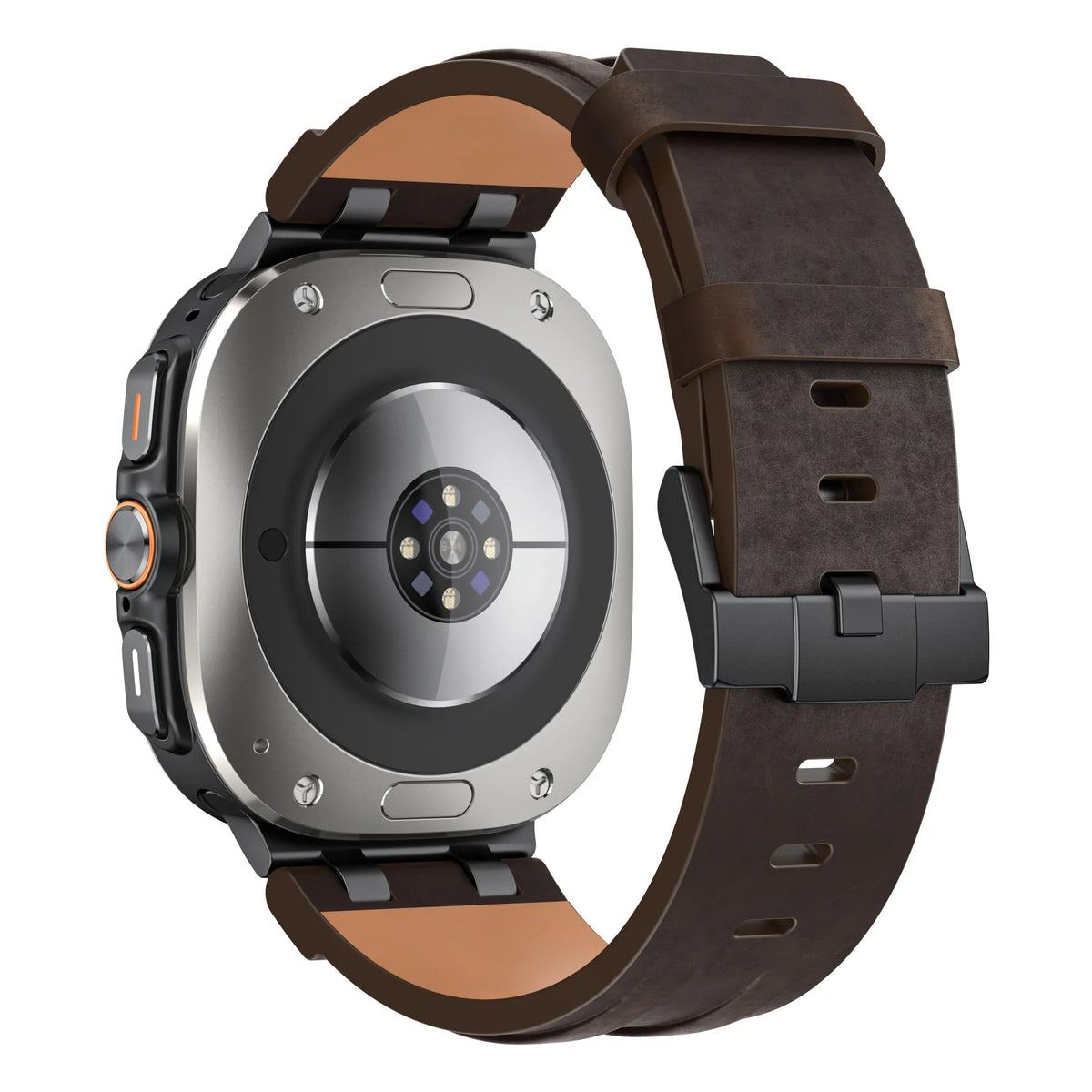 Solid Leather Strap, coffee, on a watch, 3/4 rear view