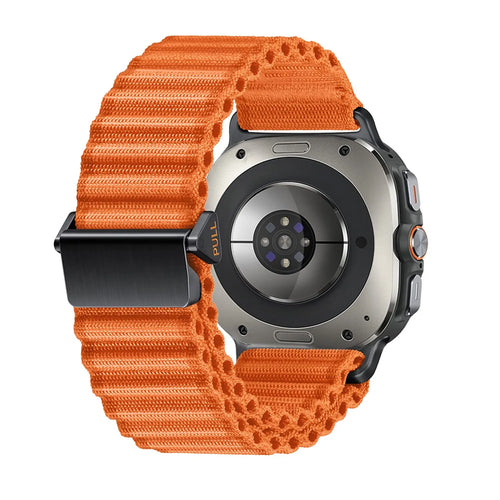 Outdoor Nylon Strap, orange, on a watch, 3/4 rear view