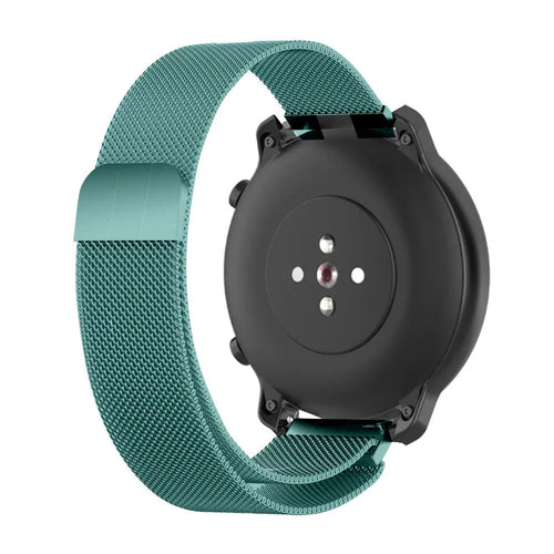 Milanese Strap, green, on a watch, 3/4 rear view