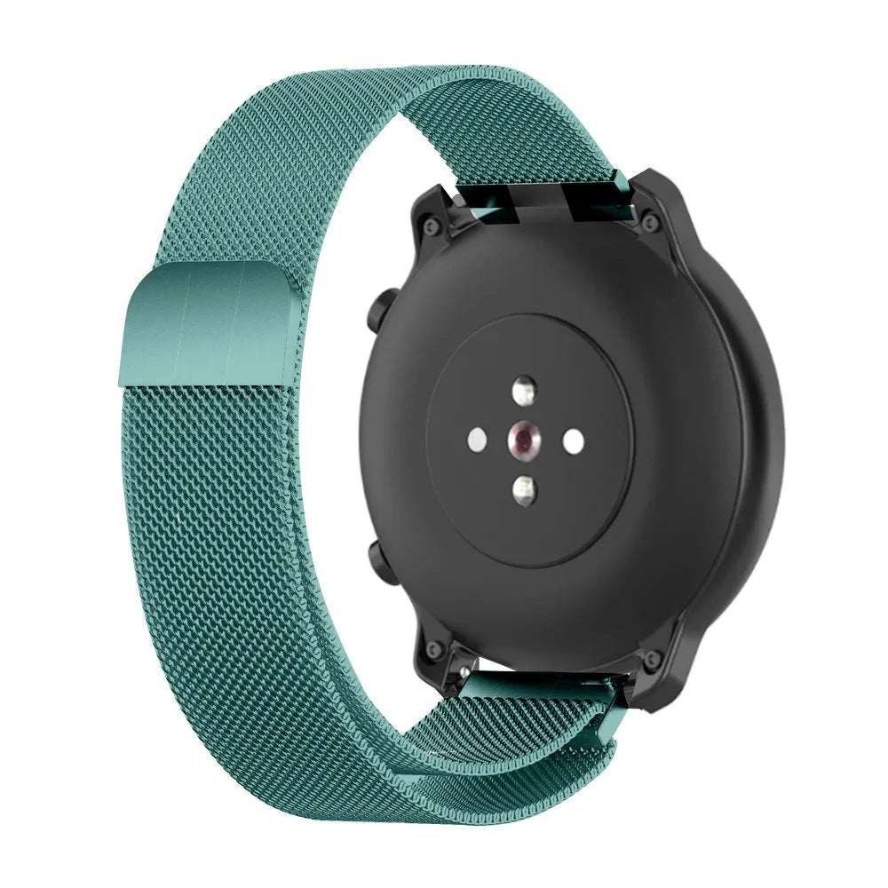 Milanese Strap, green, on a watch, 3/4 rear view