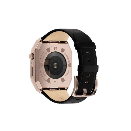 Reqior Apple Watch 45mm Metal Case with Leather Strap (Rose Gold/Black)
