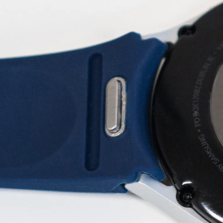 Silicone Strap 'One Push', dark blue, on a watch, 3/4 rear view