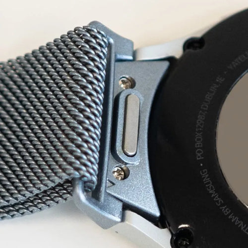 Milanese Strap 'One Push', space grey, on a watch, 3/4 rear view