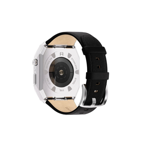 Reqior Apple Watch 45mm Metal Case with Leather Strap (Silver/Black)