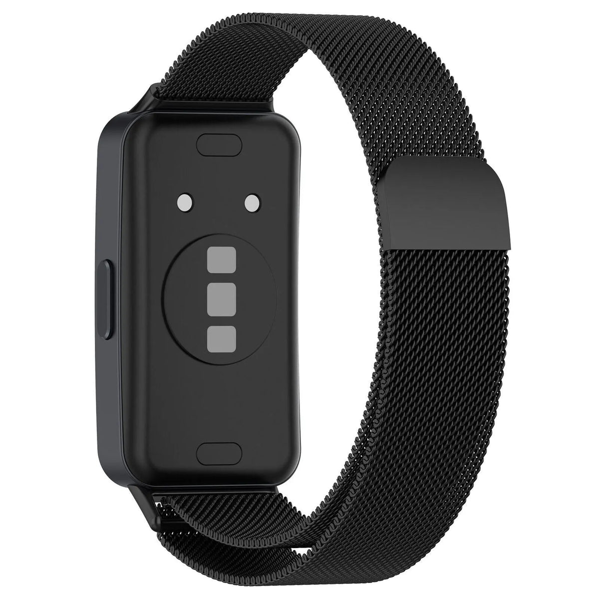 Milanese Strap, black, on a watch, 3/4 rear view