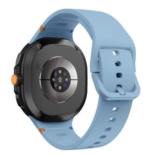 Silicone Strap, blue, on a watch, 3/4 rear view
