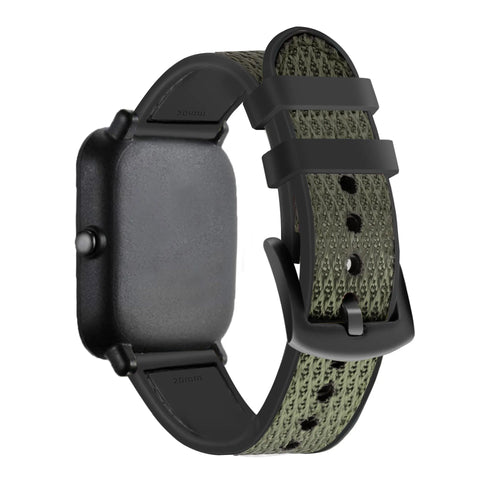 Nylon Hybrid Strap, green, on a watch, 3/4 rear view