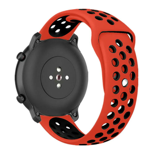 Silicone Sport Strap, red/black, on a watch, 3/4 rear view