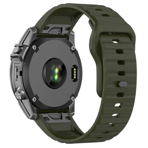 Outdoor Silicone Strap, army green, on a watch, 3/4 rear view