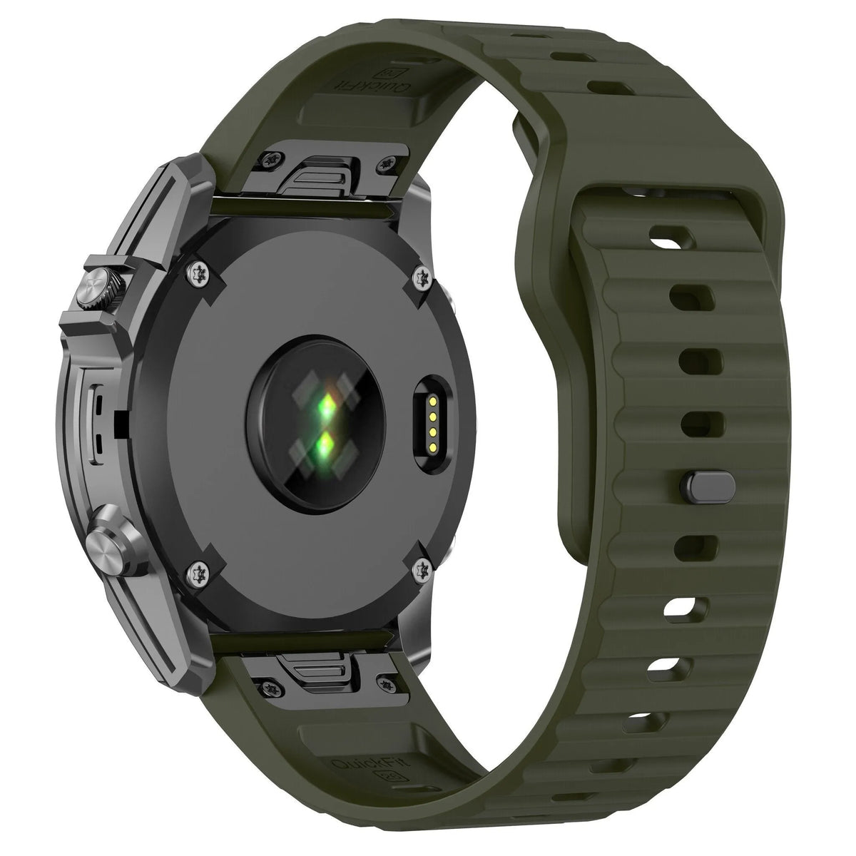 Outdoor Silicone Strap, army green, on a watch, 3/4 rear view