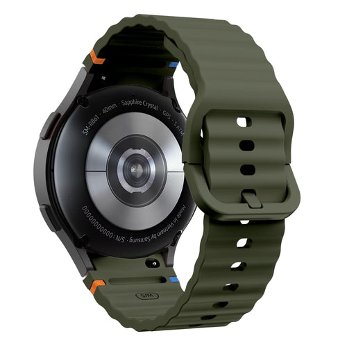 Wave Silicone Strap, army green, on a watch, 3/4 rear view