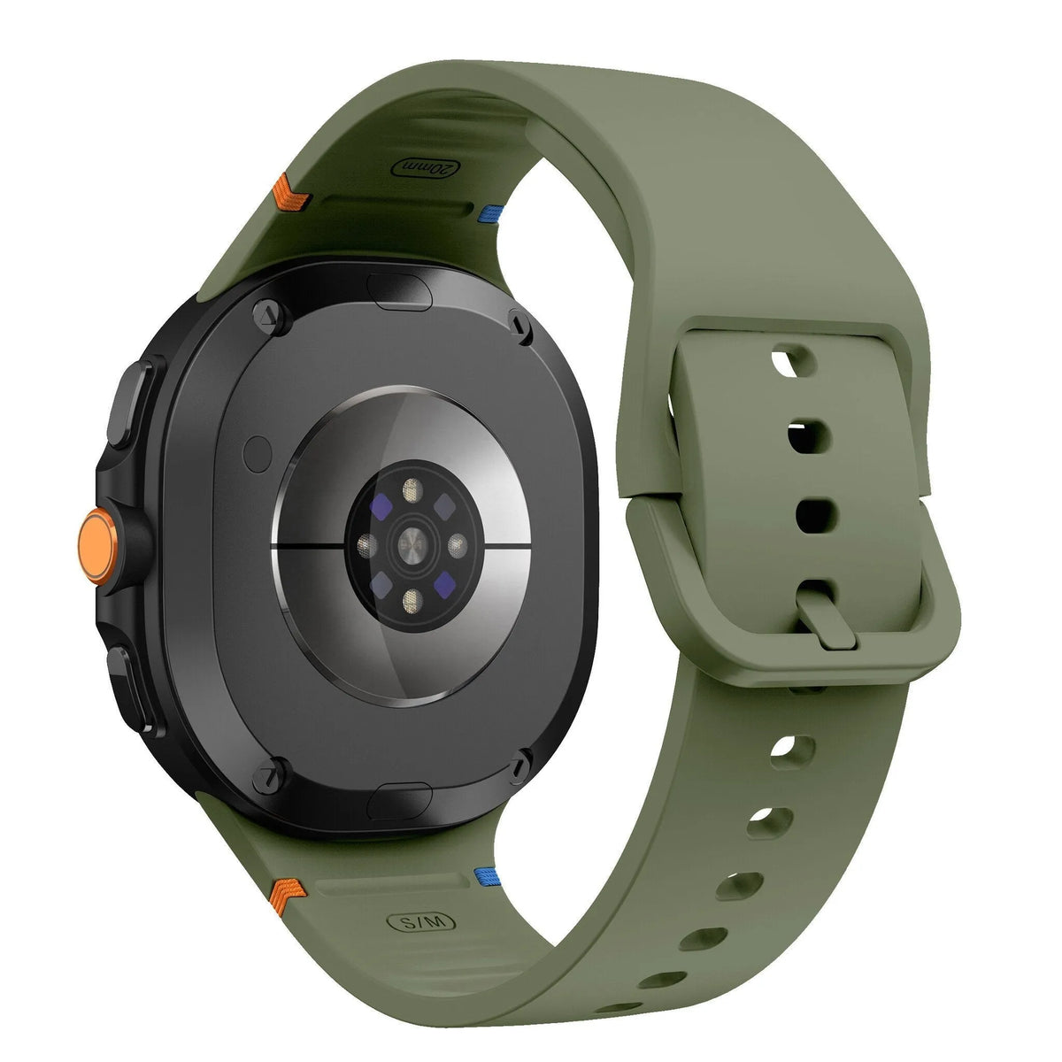Silicone Strap, army green, on a watch, 3/4 rear view