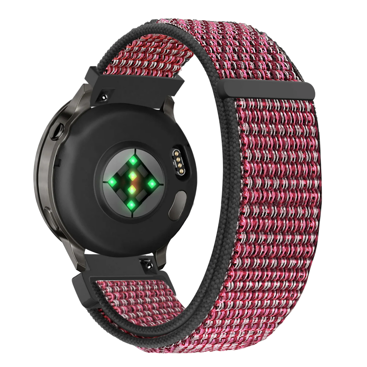 Nylon Loop Strap, berry, on a watch, 3/4 rear view