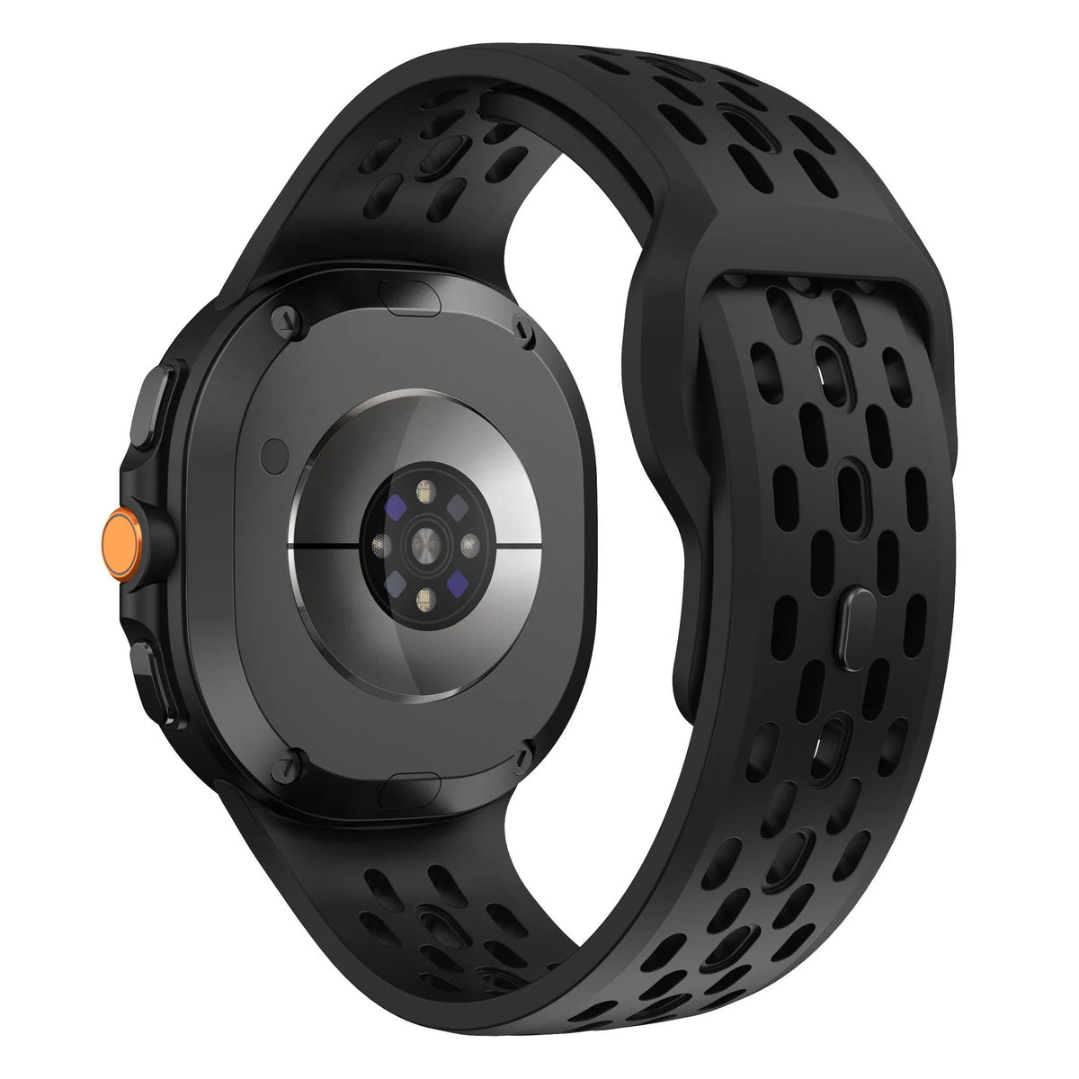 Silicone Air Strap, black, on a watch, 3/4 rear view