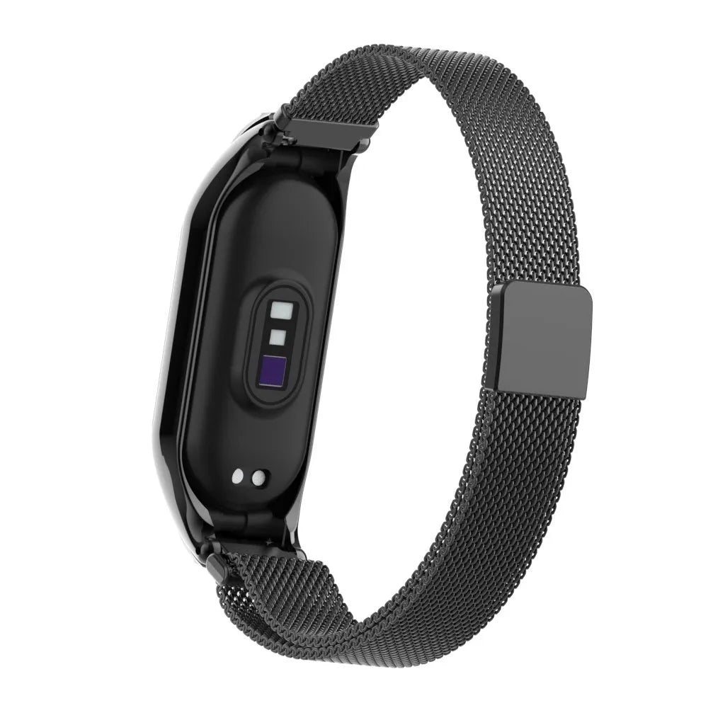 Milanese Strap, black, on a watch, 3/4 rear view