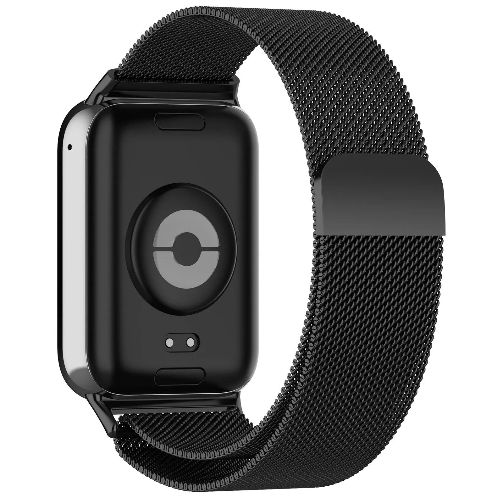 Milanese Strap, black, on a watch, 3/4 rear view