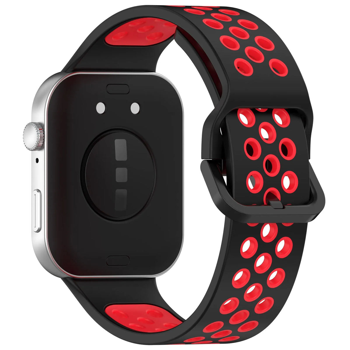 Silicone Sport Strap, black/red, on a watch, 3/4 rear view