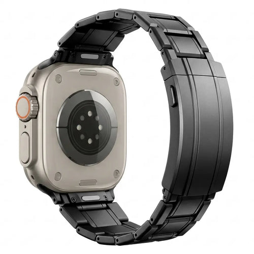 Adjustable Titanium Strap, black, on a watch, 3/4 rear view