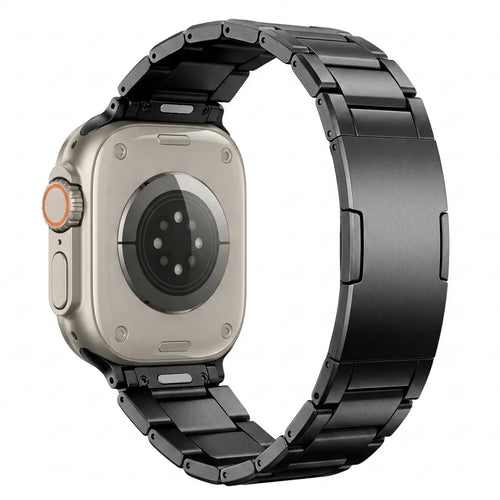 Refined Titanium Strap, black, on a watch, 3/4 rear view