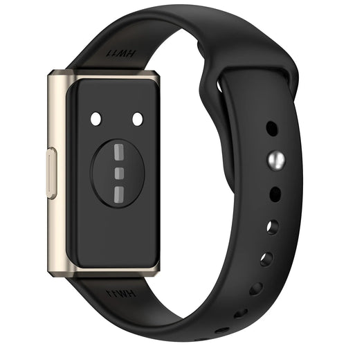 Silicone Sport Strap, black, on a watch, 3/4 rear view