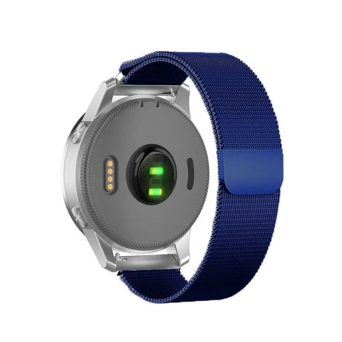 Milanese Strap, blue, on a watch, 3/4 rear view