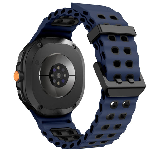 Silicone Ocean Strap, dark blue/black, on a watch, 3/4 rear view