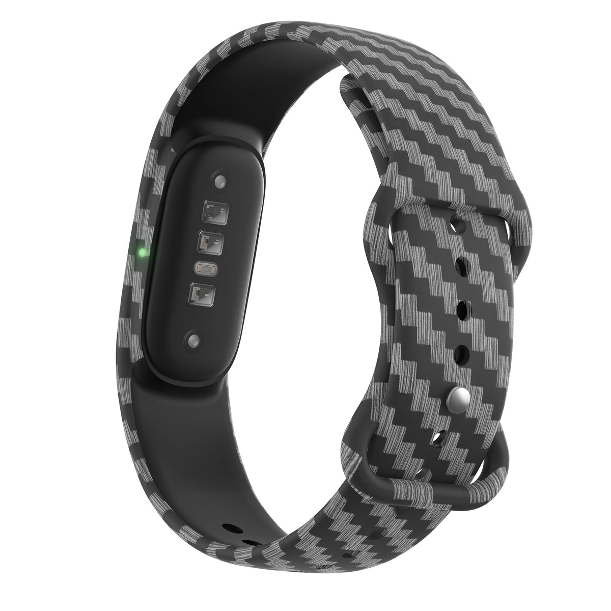 Silicone Patterned Strap, carbon fibre, on a watch, 3/4 rear view