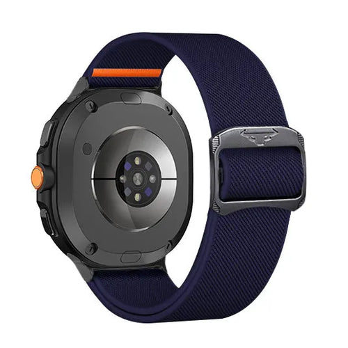 Nylon Elastic Strap, dark blue, on a watch, 3/4 rear view