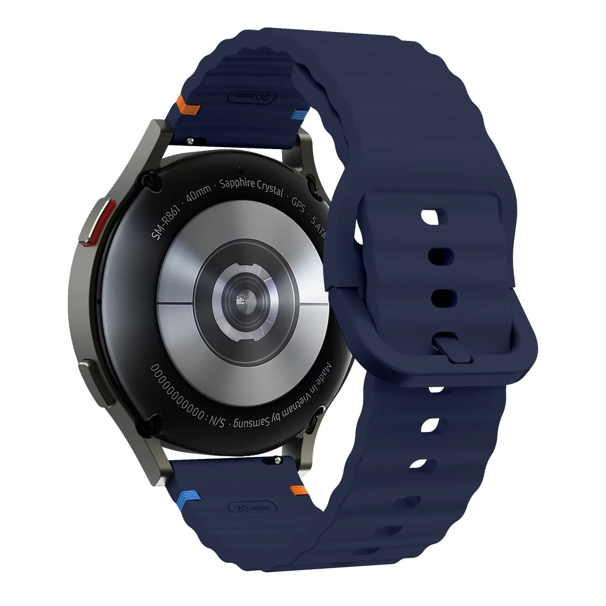 Wave Silicone Strap, dark blue, on a watch, 3/4 rear view