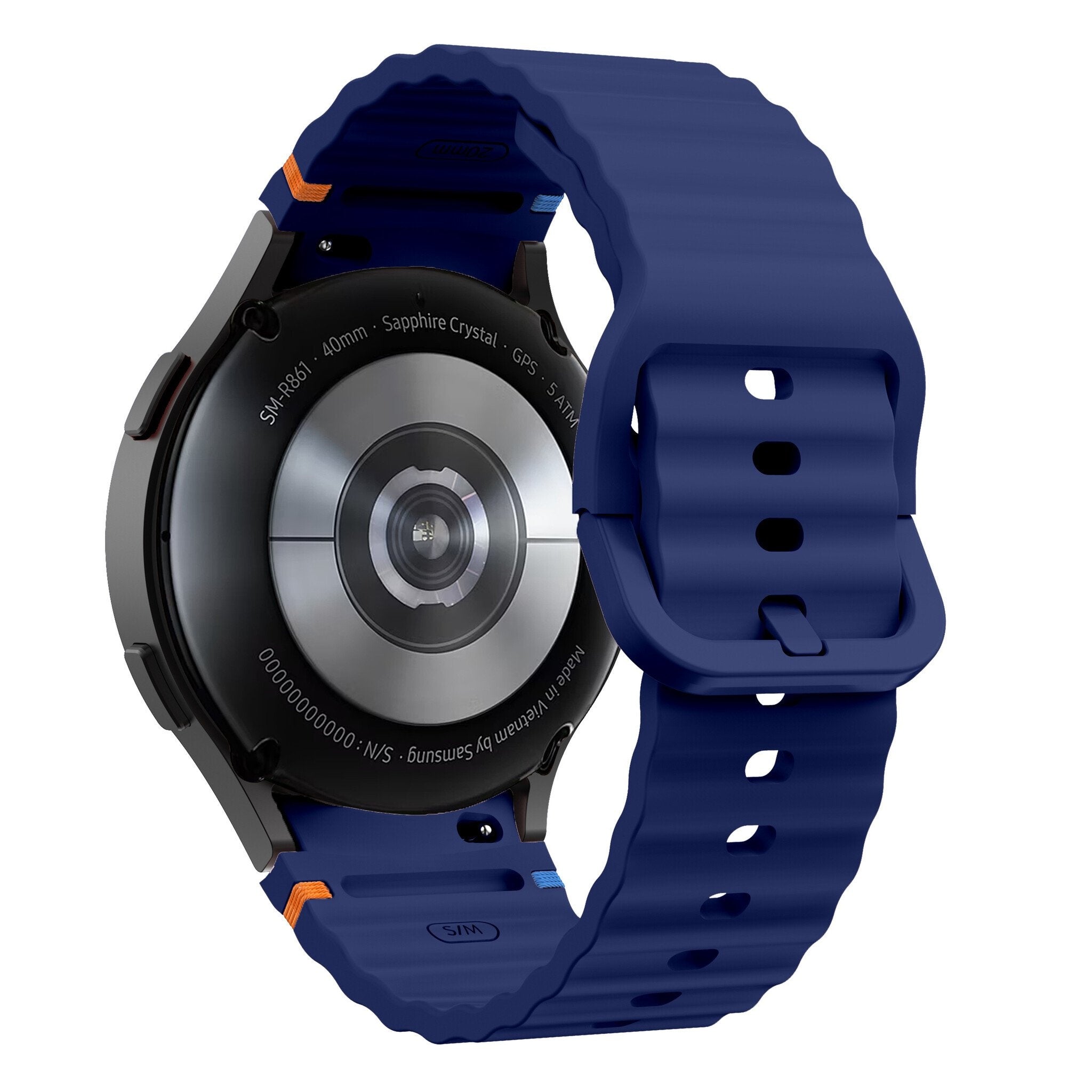 Wave Silicone Strap, dark blue, on a watch, 3/4 rear view