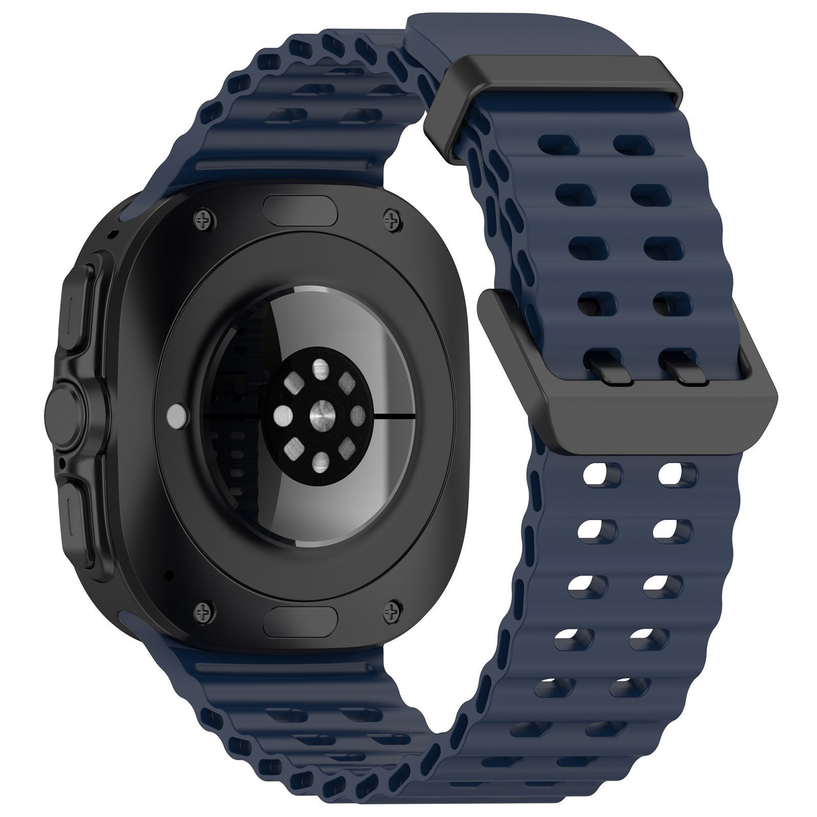 Silicone Ocean Strap, dark blue, on a watch, 3/4 rear view