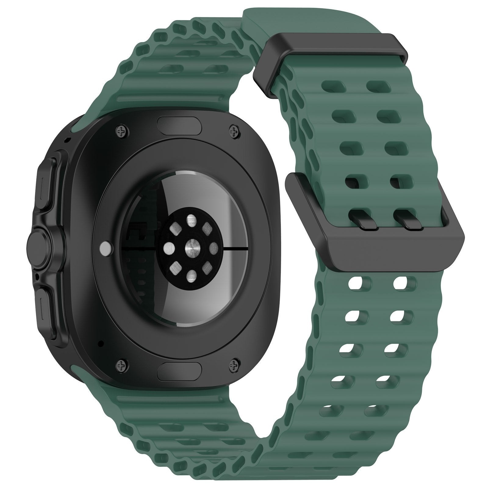 Silicone Ocean Strap, dark green, on a watch, 3/4 rear view