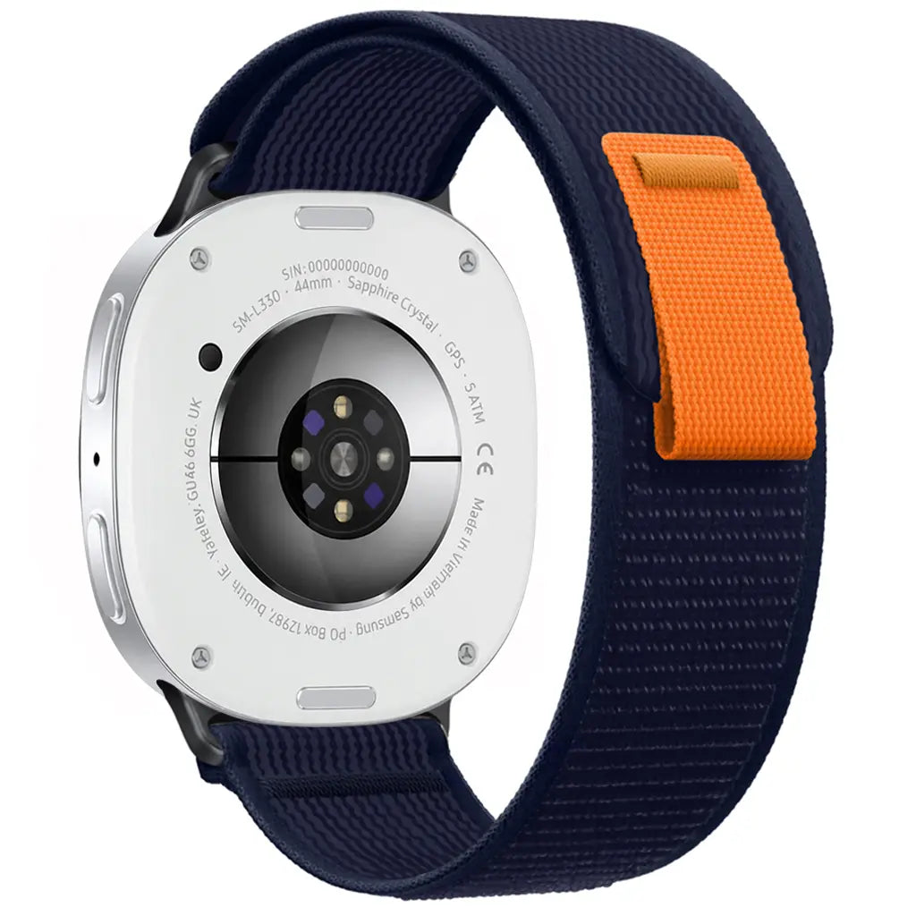 Trail Nylon Strap, dark blue, on a watch, 3/4 rear view
