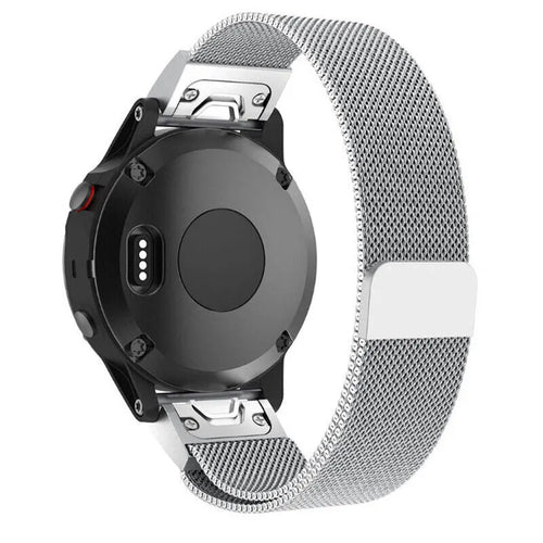 Milanese Strap, silver, on a watch, 3/4 rear view