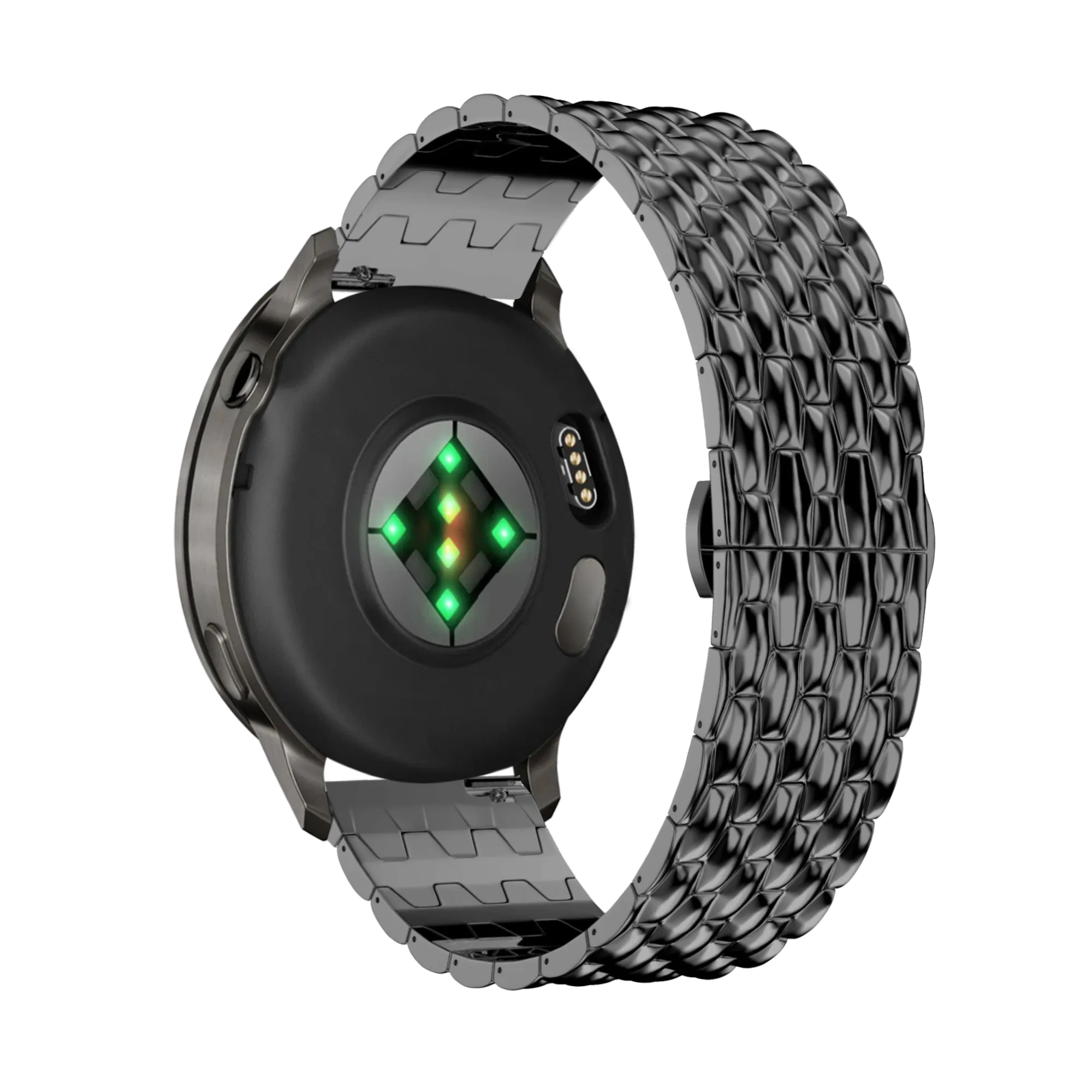 Steel Strap 'Dragon', black, on a watch, 3/4 rear view