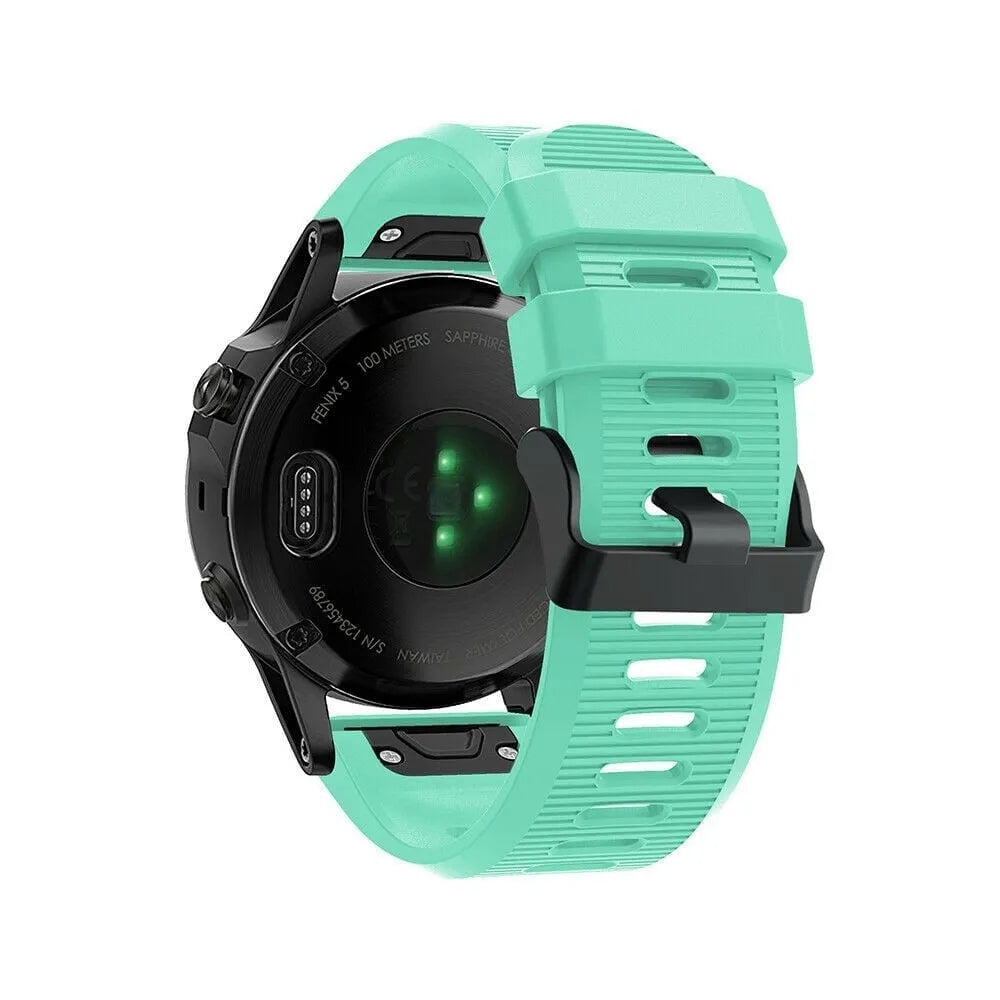 Silicone Strap, aqua, on a watch, 3/4 rear view