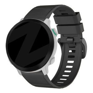 Buckled Silicone Strap, black, on a watch, 3/4 rear view