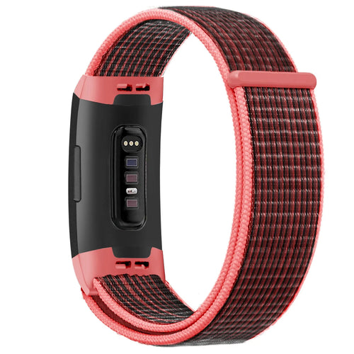 Nylon Strap, black/coral, on a watch, 3/4 rear view