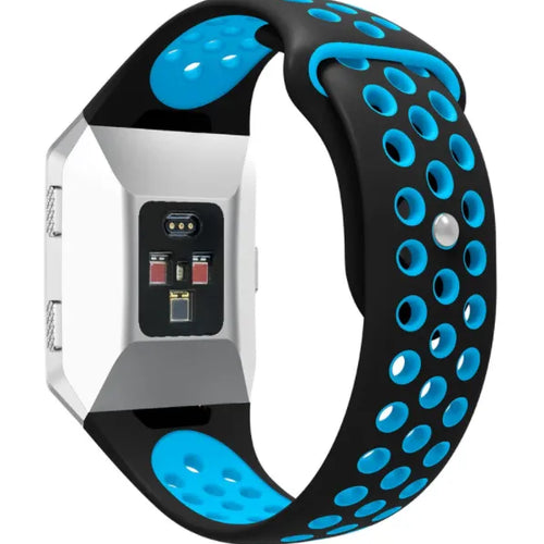 Silicone Sport Strap, black/blue, on a watch, 3/4 rear view