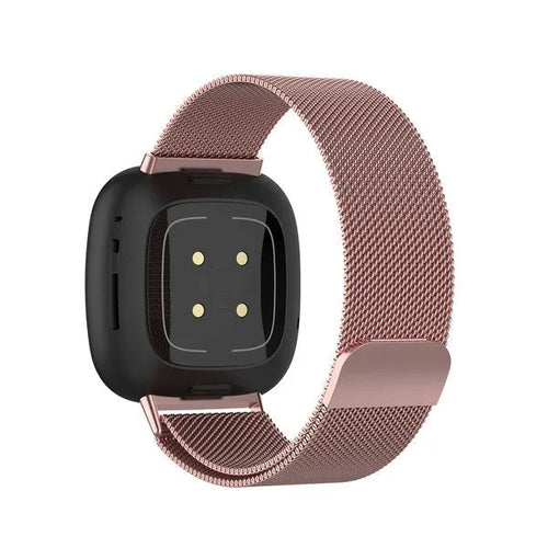 Milanese Strap, pink, on a watch, 3/4 rear view