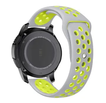 Silicone Sport Strap, grey/yellow, on a watch, 3/4 rear view