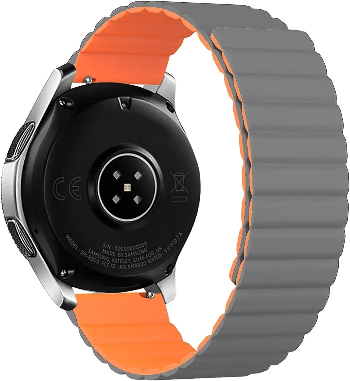 Magnetic Silicone Strap, grey/orange, on a watch, 3/4 rear view