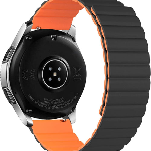 Magnetic Silicone Strap, black/orange, on a watch, 3/4 rear view