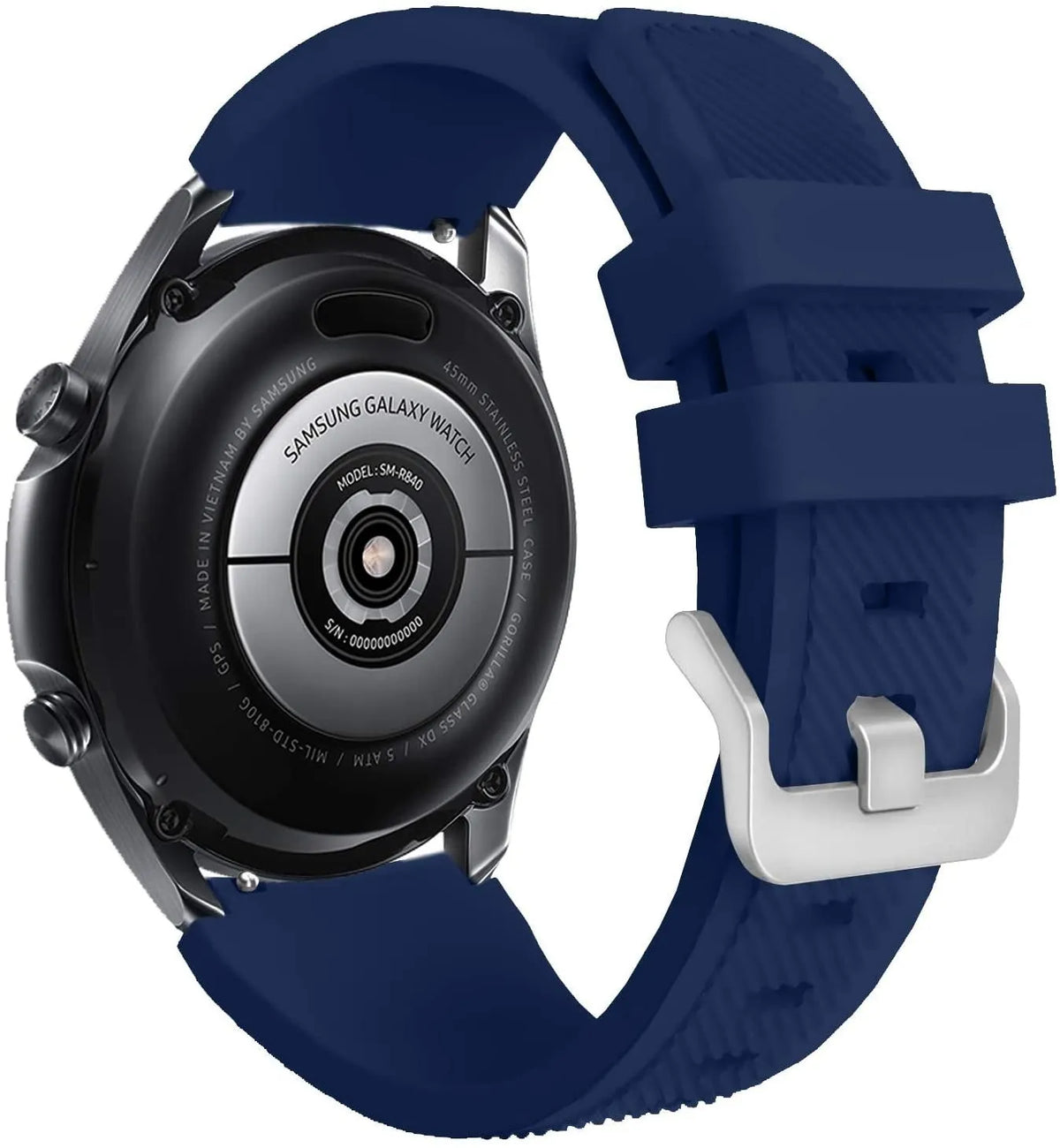 Twill Silicone Strap, dark blue, on a watch, 3/4 rear view