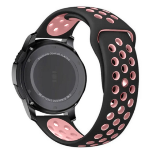 Silicone Sport Strap, black/pink, on a watch, 3/4 rear view